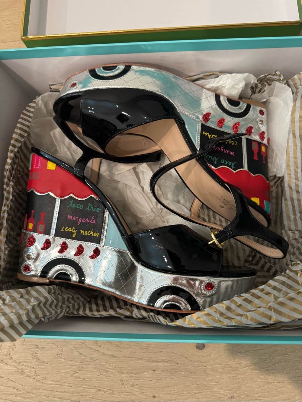 kate spade Black Patent Leather Zora Wedge Sandals with Taco Truck